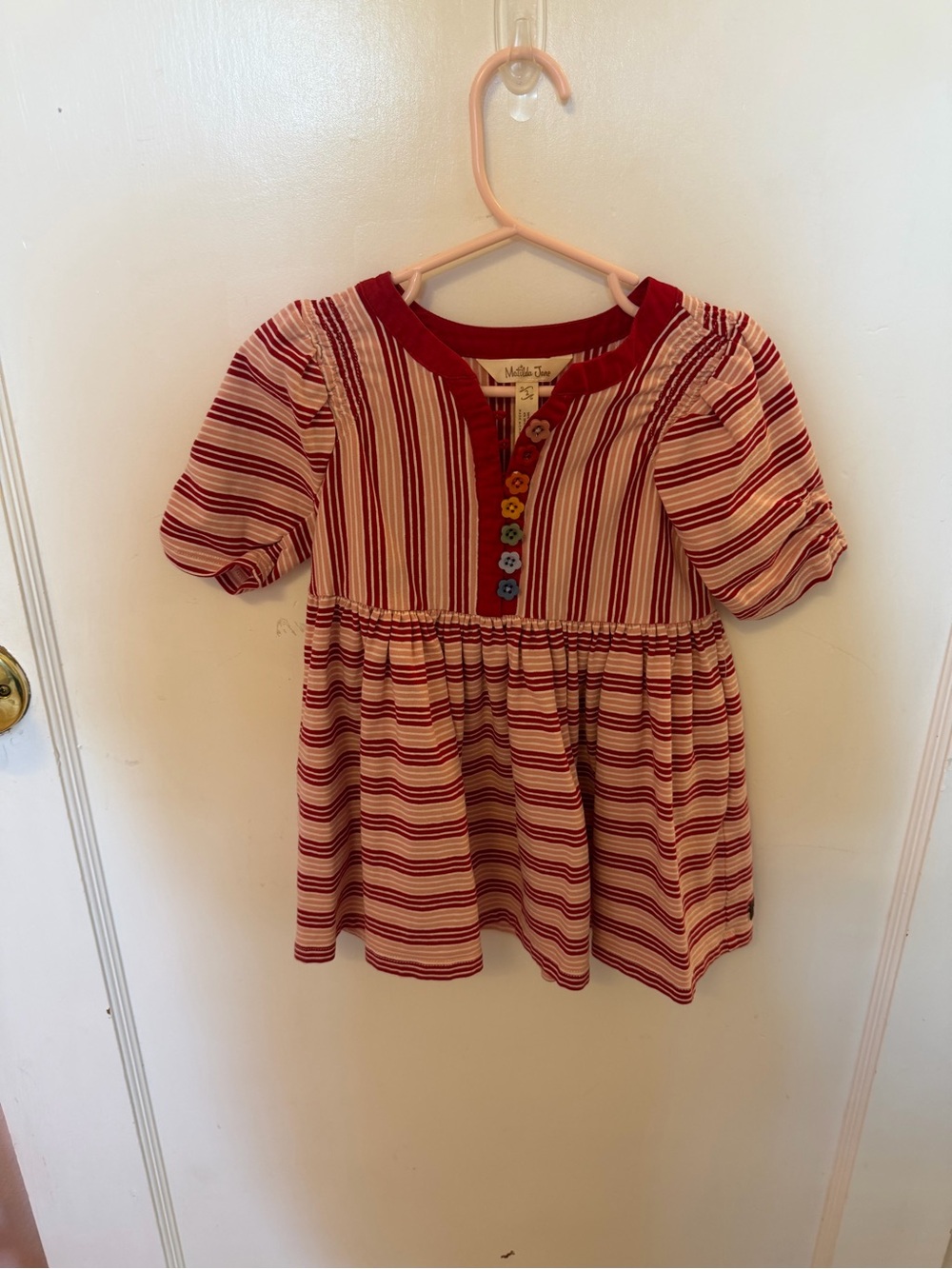 Matilda Jane Red & Cream Striped Girls' Short Sleeve Dress with Colorful Buttons